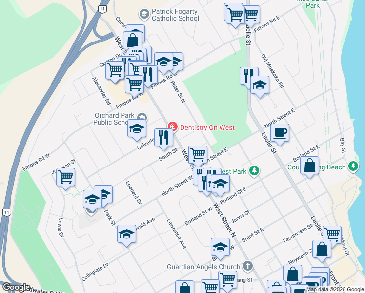 map of restaurants, bars, coffee shops, grocery stores, and more near 348 West Street North in Orillia