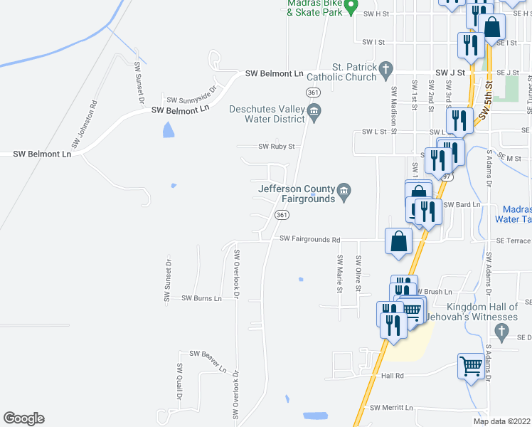 map of restaurants, bars, coffee shops, grocery stores, and more near 632 Southwest Elk Ridge Court in Madras
