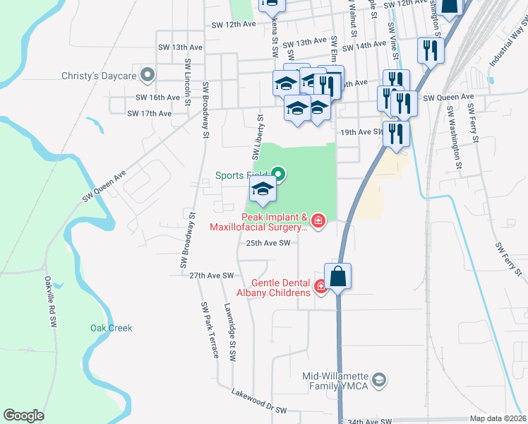 map of restaurants, bars, coffee shops, grocery stores, and more near 2345 Southwest Liberty Street in Albany