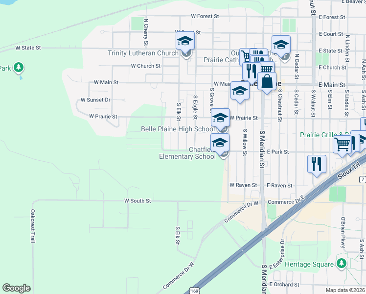 map of restaurants, bars, coffee shops, grocery stores, and more near 225 South Elk Street in Belle Plaine