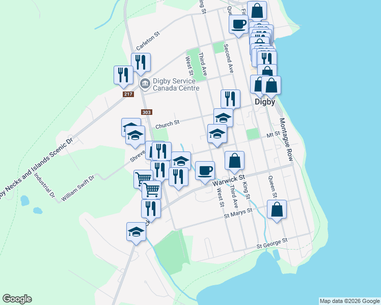 map of restaurants, bars, coffee shops, grocery stores, and more near 76 Mount Street in Digby