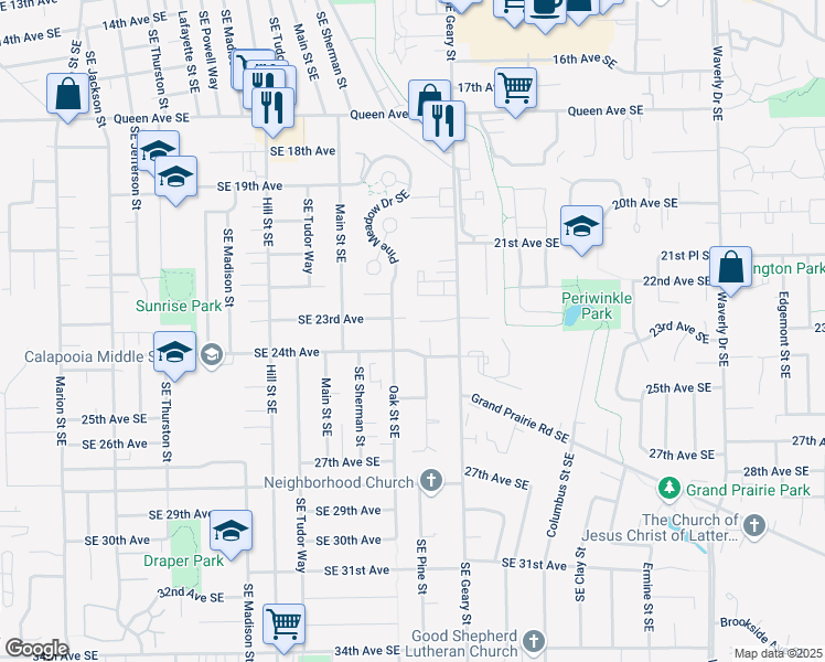 map of restaurants, bars, coffee shops, grocery stores, and more near 2325 Oak Street Southeast in Albany