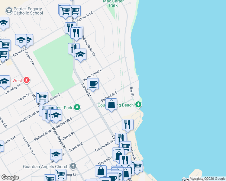 map of restaurants, bars, coffee shops, grocery stores, and more near in Orillia