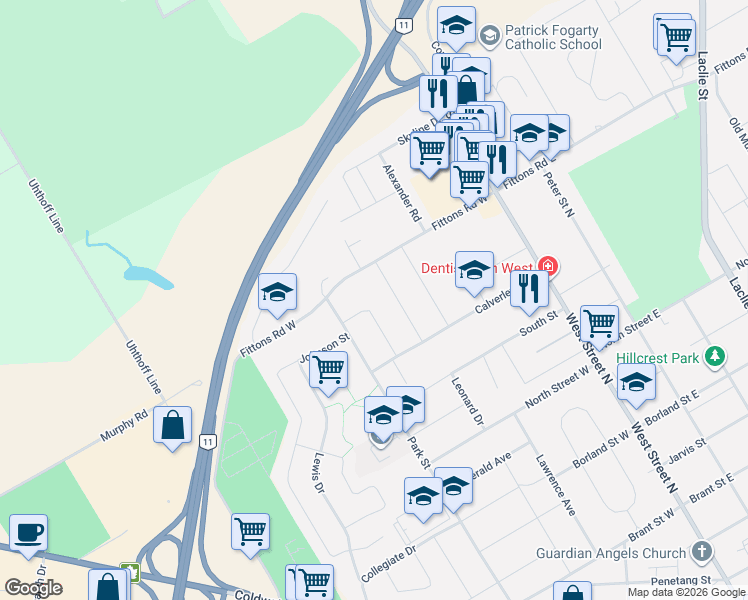 map of restaurants, bars, coffee shops, grocery stores, and more near 26 Jordon Crescent in Orillia