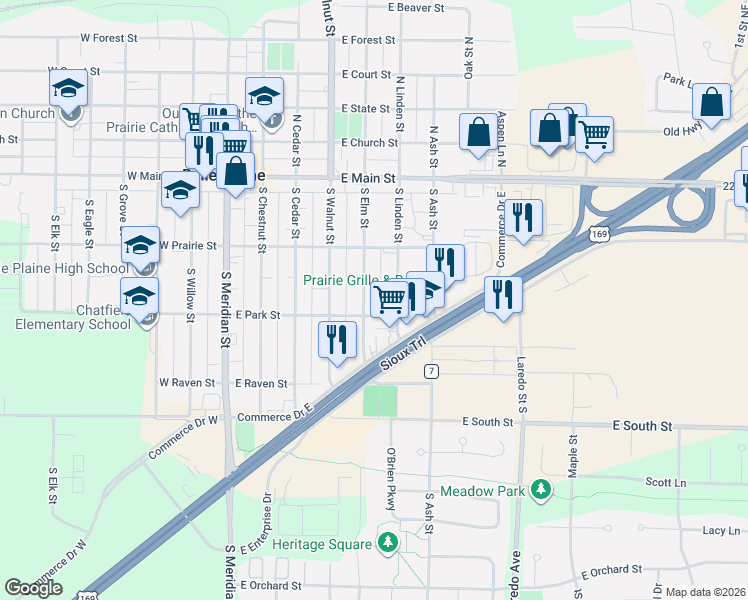map of restaurants, bars, coffee shops, grocery stores, and more near 235 South Elm Street in Belle Plaine