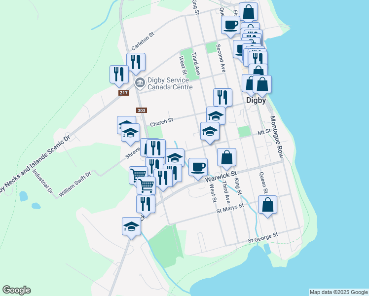 map of restaurants, bars, coffee shops, grocery stores, and more near 76 Mount Street in Digby