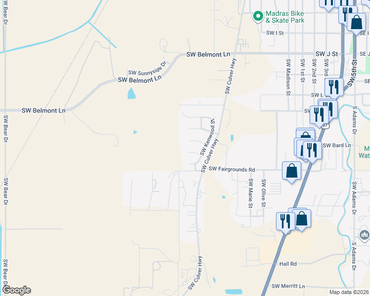 map of restaurants, bars, coffee shops, grocery stores, and more near 700 Southwest Elk Ridge Court in Madras