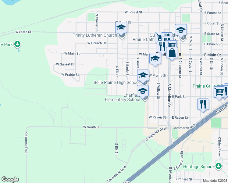map of restaurants, bars, coffee shops, grocery stores, and more near 225 South Elk Street in Belle Plaine
