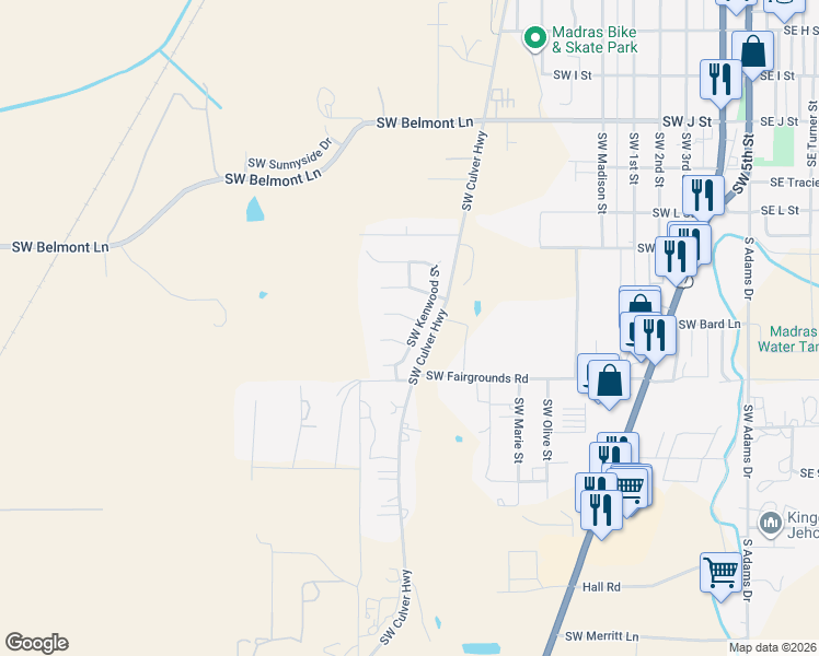 map of restaurants, bars, coffee shops, grocery stores, and more near 632 Southwest Elk Ridge Court in Madras