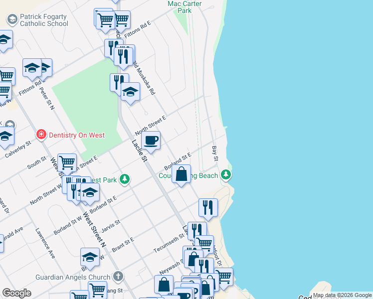 map of restaurants, bars, coffee shops, grocery stores, and more near in Orillia