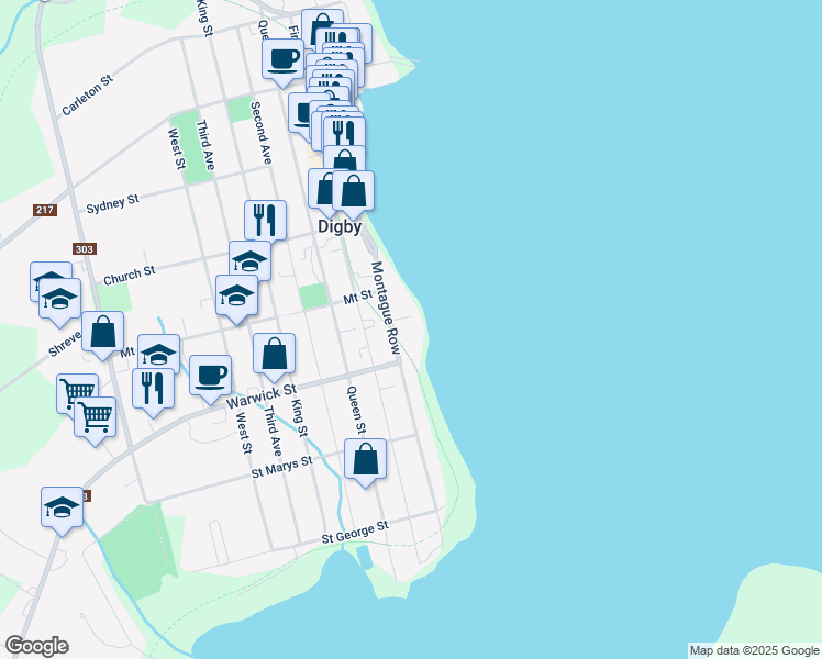 map of restaurants, bars, coffee shops, grocery stores, and more near 76 Montague Row in Digby