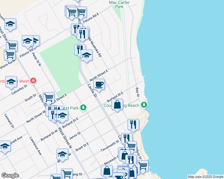 map of restaurants, bars, coffee shops, grocery stores, and more near 266 Canice Street in Orillia