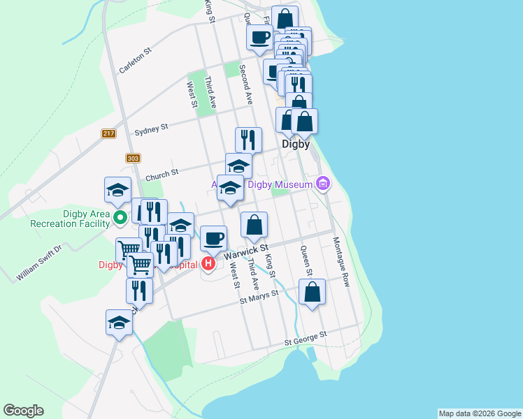 map of restaurants, bars, coffee shops, grocery stores, and more near 94 King Street in Digby