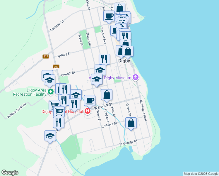 map of restaurants, bars, coffee shops, grocery stores, and more near 94 King Street in Digby