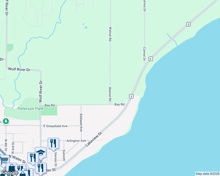 map of restaurants, bars, coffee shops, grocery stores, and more near N8166 Walnut Road in Algoma