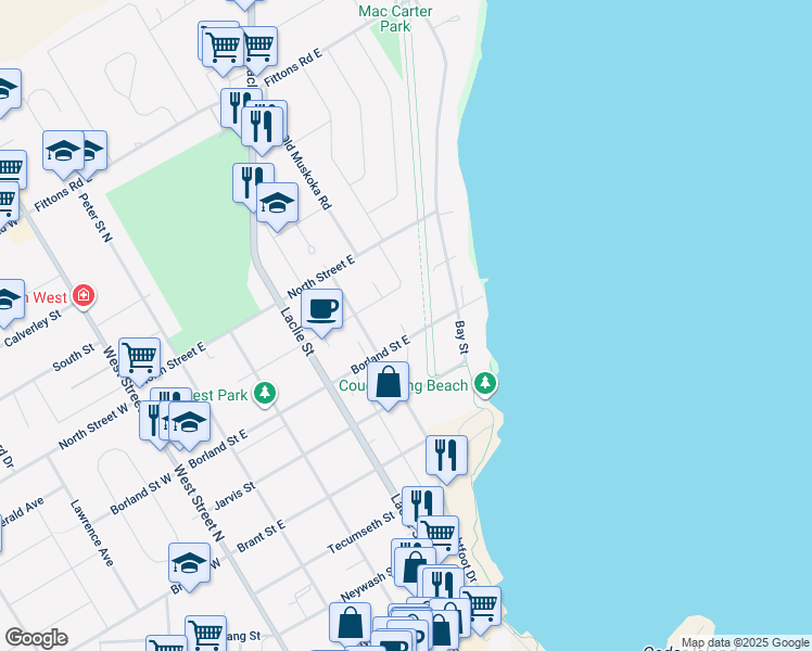 map of restaurants, bars, coffee shops, grocery stores, and more near in Orillia