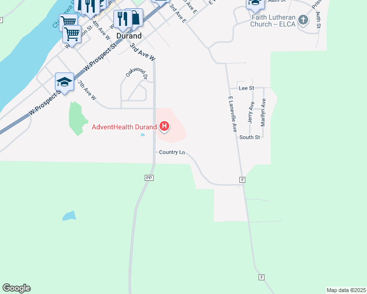 map of restaurants, bars, coffee shops, grocery stores, and more near 170 Country Lane in Durand