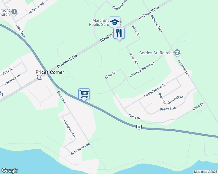 map of restaurants, bars, coffee shops, grocery stores, and more near 2055 Elana Drive in Orillia
