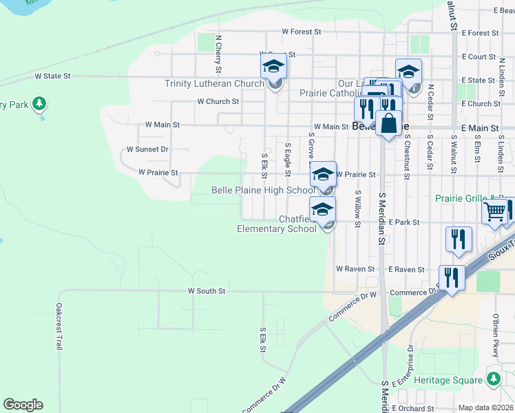 map of restaurants, bars, coffee shops, grocery stores, and more near 225 South Elk Street in Belle Plaine