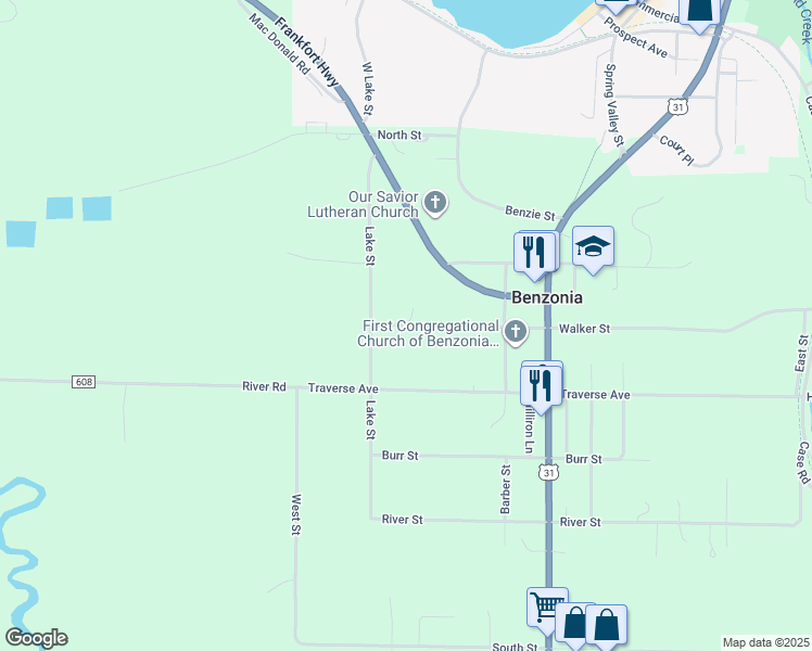 map of restaurants, bars, coffee shops, grocery stores, and more near 6887 Walker Street in Benzonia
