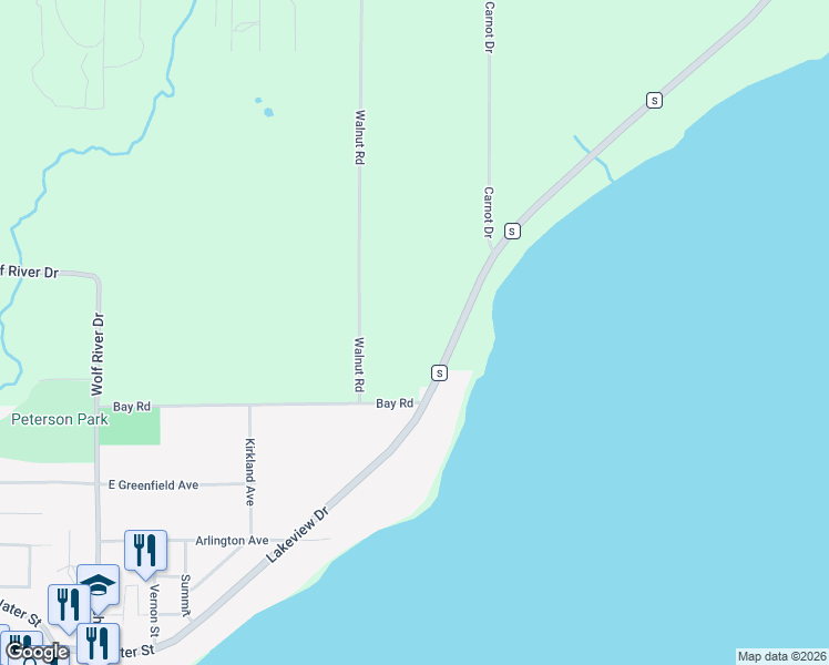 map of restaurants, bars, coffee shops, grocery stores, and more near N8166 Walnut Road in Algoma