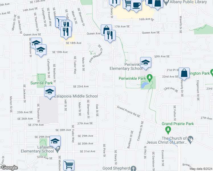 map of restaurants, bars, coffee shops, grocery stores, and more near 1647 Southeast 23rd Court in Albany