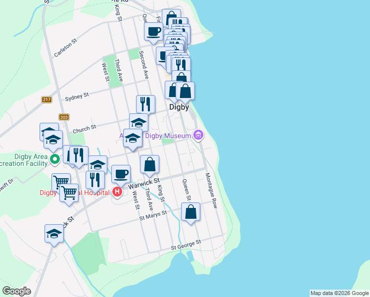 map of restaurants, bars, coffee shops, grocery stores, and more near 95 First Avenue in Digby