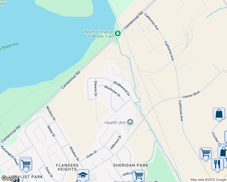 map of restaurants, bars, coffee shops, grocery stores, and more near Montrose Street in Brockville