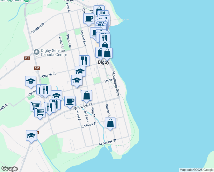 map of restaurants, bars, coffee shops, grocery stores, and more near 95 First Avenue in Digby