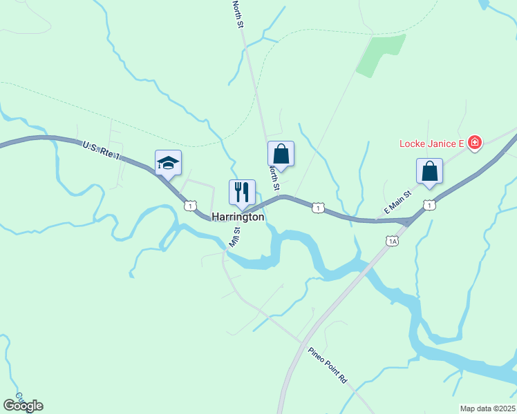 map of restaurants, bars, coffee shops, grocery stores, and more near Main Street in Harrington