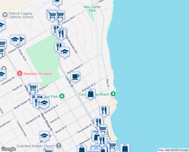 map of restaurants, bars, coffee shops, grocery stores, and more near 1 Cowan Street in Orillia