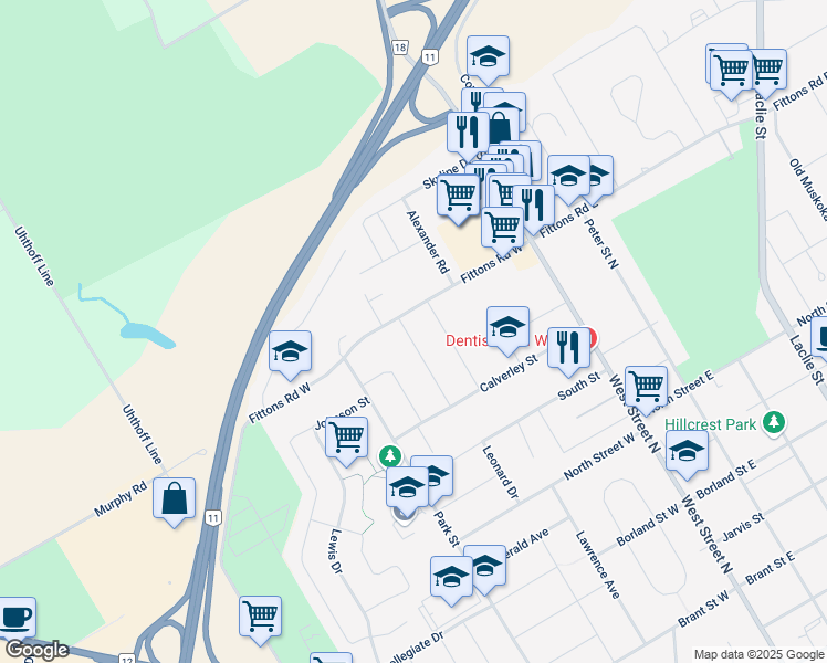 map of restaurants, bars, coffee shops, grocery stores, and more near 22 Derby Street in Orillia