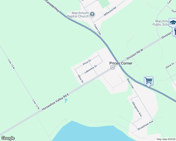 map of restaurants, bars, coffee shops, grocery stores, and more near 10 Lakeview Drive in Orillia