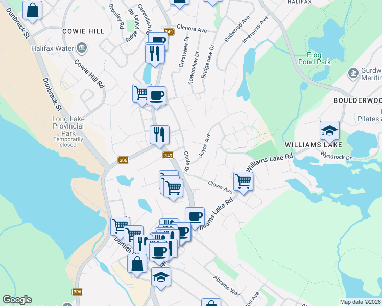map of restaurants, bars, coffee shops, grocery stores, and more near 19 Circle Drive in Halifax