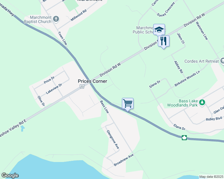 map of restaurants, bars, coffee shops, grocery stores, and more near 4055 Digby Road in Simcoe County