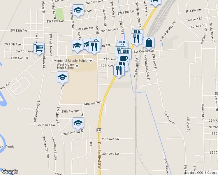 map of restaurants, bars, coffee shops, grocery stores, and more near 2225 Pacific Boulevard Southwest in Albany