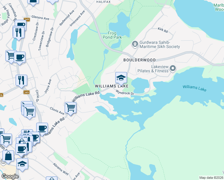map of restaurants, bars, coffee shops, grocery stores, and more near 115 Williams Lake Road in Halifax