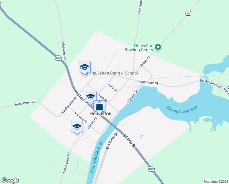 map of restaurants, bars, coffee shops, grocery stores, and more near 13 John Street in Heuvelton