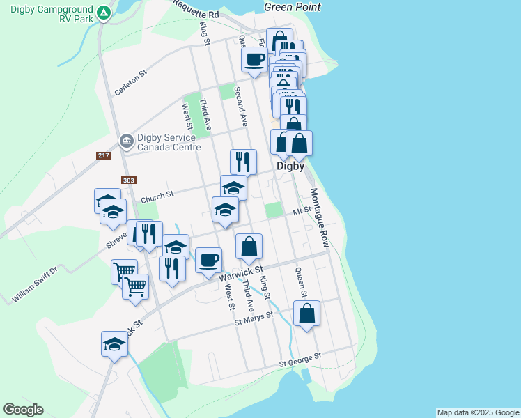 map of restaurants, bars, coffee shops, grocery stores, and more near 101 Second Avenue in Digby
