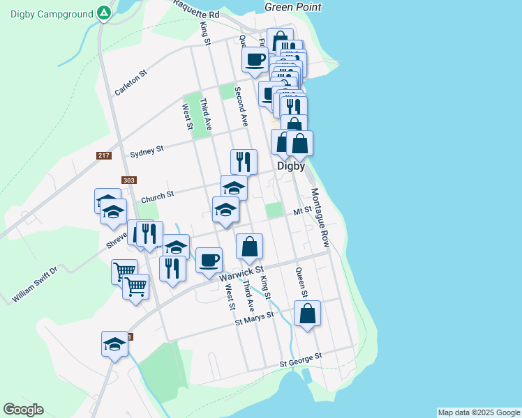 map of restaurants, bars, coffee shops, grocery stores, and more near 101 Second Avenue in Digby