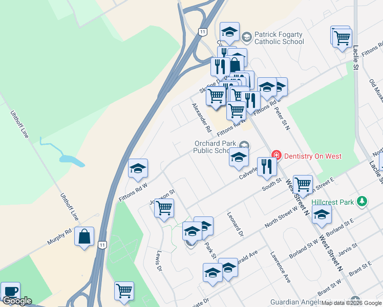 map of restaurants, bars, coffee shops, grocery stores, and more near 54 Fittons Road West in Orillia