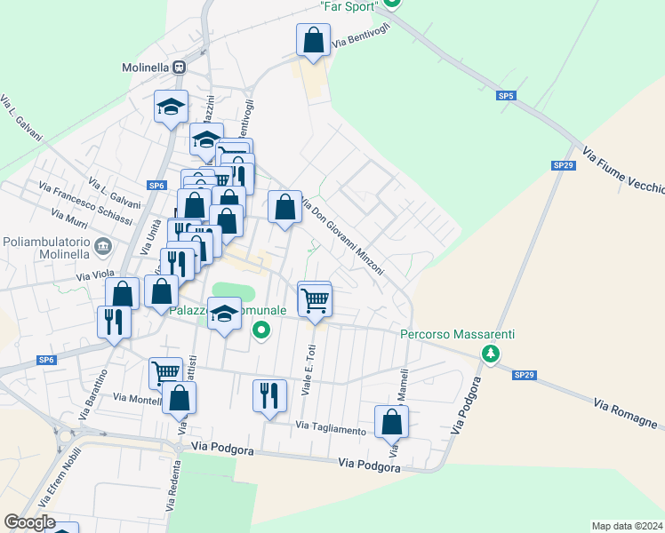 map of restaurants, bars, coffee shops, grocery stores, and more near 54 Via G. Marconi in Molinella