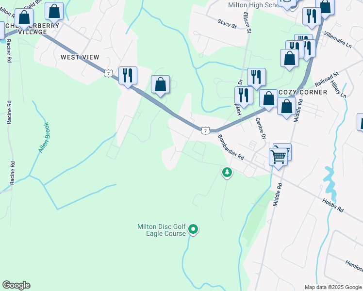 map of restaurants, bars, coffee shops, grocery stores, and more near 19 Willys Lane in Milton