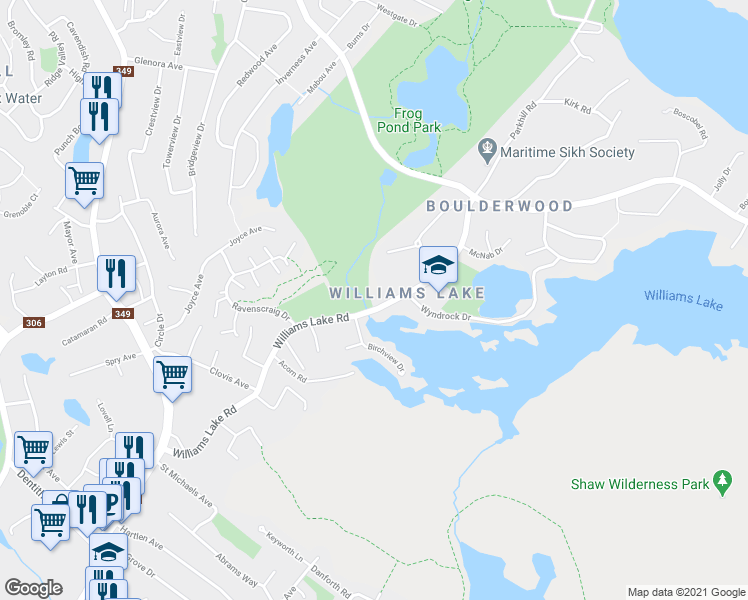 map of restaurants, bars, coffee shops, grocery stores, and more near 84 Williams Lake Road in Halifax