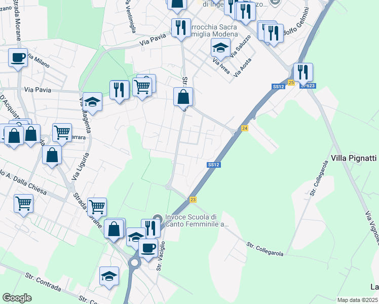 map of restaurants, bars, coffee shops, grocery stores, and more near 19 Via Oristano in Modena