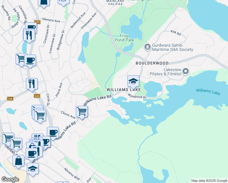 map of restaurants, bars, coffee shops, grocery stores, and more near 84 Williams Lake Road in Halifax