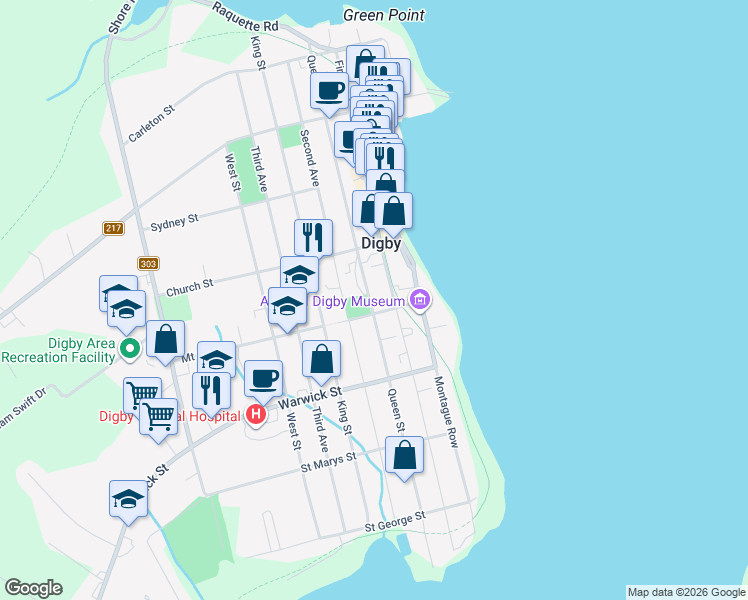 map of restaurants, bars, coffee shops, grocery stores, and more near 106 Queen Street in Digby