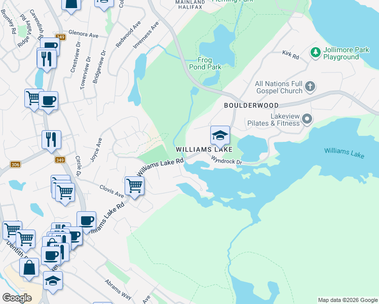 map of restaurants, bars, coffee shops, grocery stores, and more near 84A Williams Lake Road in Halifax