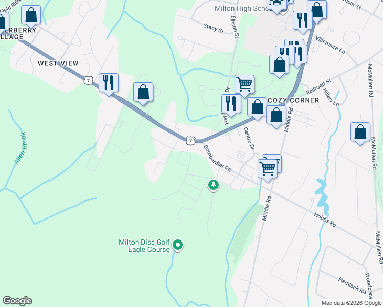 map of restaurants, bars, coffee shops, grocery stores, and more near 8 Johnsons Court in Milton