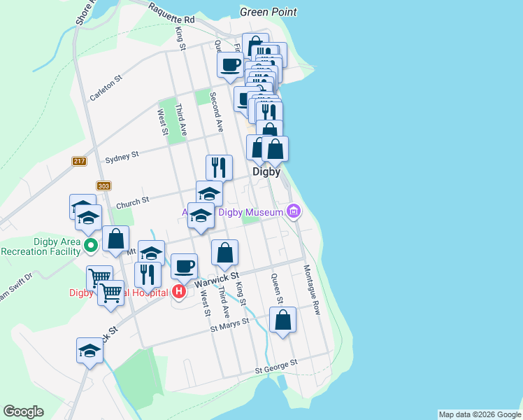 map of restaurants, bars, coffee shops, grocery stores, and more near 106 Queen Street in Digby